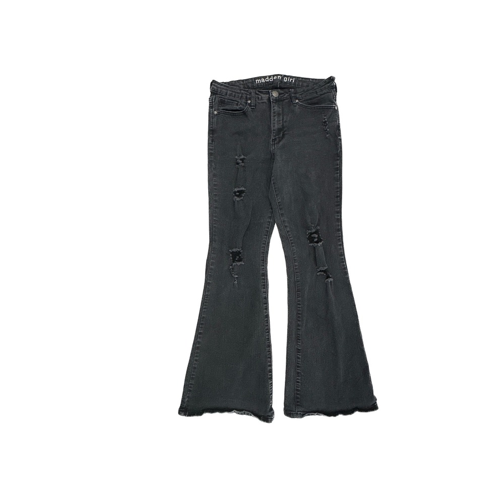 Madden Girl Flare Jeans Womens 29‎ Black Distressed Ripped Raw Hem Stretch Denim